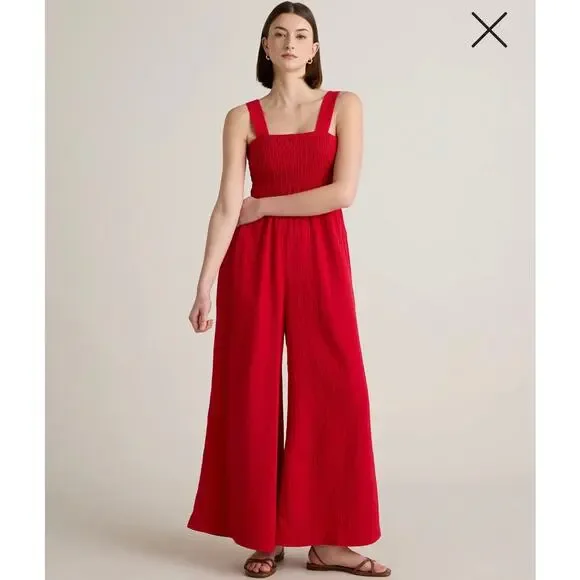 Quince Women's Organic Cotton Gauze Smocked Wide Leg Jumpsuit Cherry Red Sz S - Picture 1 of 11